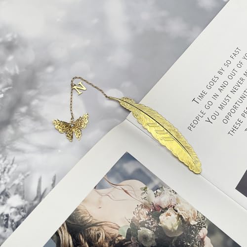 Initial Letter and Butterfly Charm Metal Feather Bookmark (Gold-N) - style: Gold-N