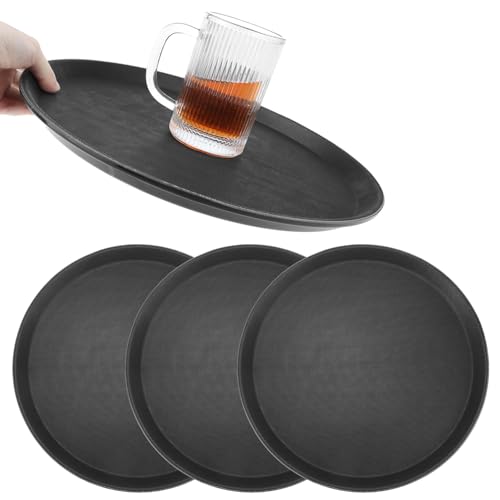 QWORK 14-Inch Round Non-Slip Serving Tray Set – 4Pack Rubber Surface Drink & Meal Carrier for Home, Café & Catering