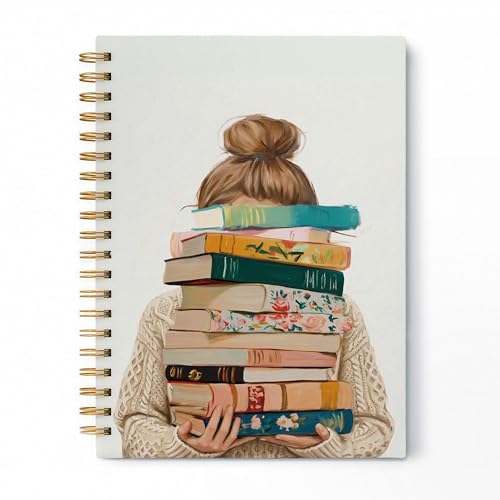 Girl with Pile of Books Spiral Notebook, Reading Journal for Book Lovers, Librarian Gifts for Women, Bookish Bookworm Gifts Hardcover Lined Notebook Journal, 5.5x8.3 Inch - color: pattern-1