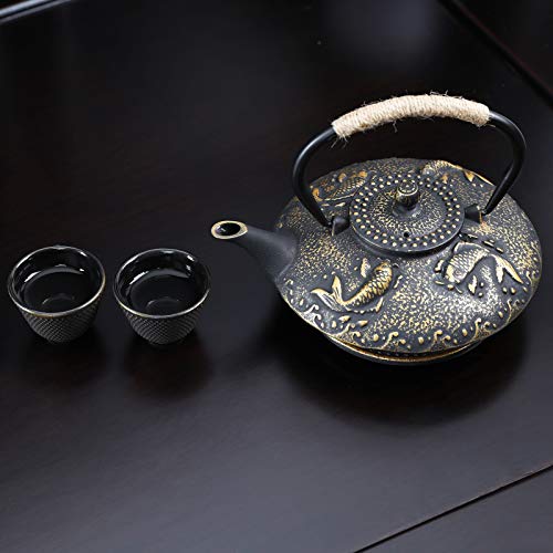 Ufine Koi Fish Cast Iron Teapot Set Stove Top 26 oz Tea Kettle with 4 Cups - color: Koi Fish