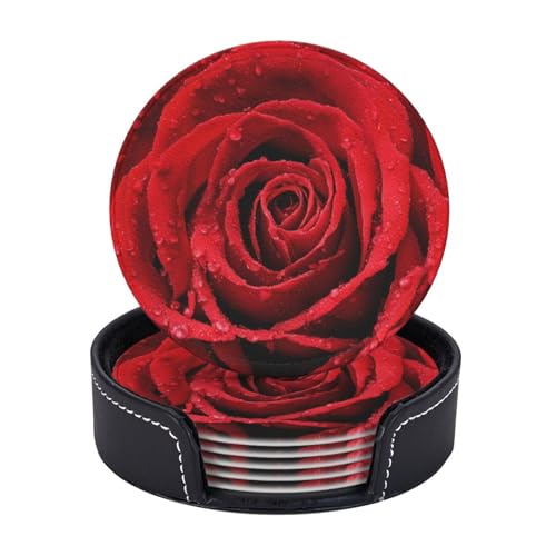 6 Pcs Leather Coasters for Drinks with Holder Blooming Red Roses Coaster Sets Drink Table Cup Coasters for Kitchen Coffee Decor - color: Red Roses