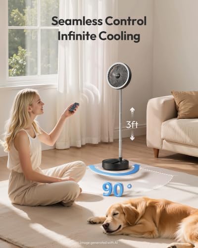 Gaiatop Portable Pedestal Fan 16000mAh Battery [Max 74h Runtime], Foldable Oscillating Standing Fan, Collapsible Desk Fans, LED Light, Case & Remote Control 4 Speeds for Outdoor Travel Camping (Black) - color: Black