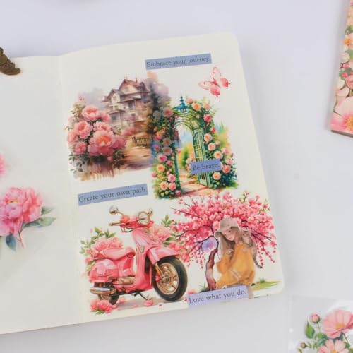 30 Sheets Precut Pink Garden Landscape Stickers Book for Junk Journal Supplies, Transparent PET Stickers for Journaling, Scrapbooking, Bujo, Collage, Card Making - color: Romantic Pink