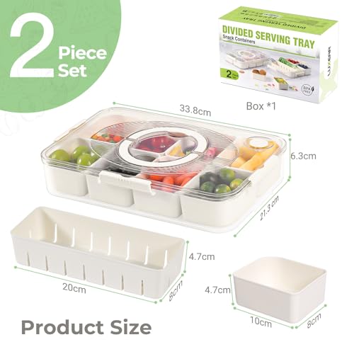 LUXEAR 2Pack 8-Compartment Snackle Box - Airtight Leakproof Divided Food Tray with Lid & Handle, BPA-Free Dishwasher Safe for Picnic, Fridge, Travel, Party, Ideal for Charcuterie & Food Storage - size: 2pack white