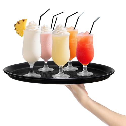 Hacaroa 4 Pack Round Restaurant Serving Tray, 14 Inch Black Plastic Server Tray Non-Slip Food Serving Platter for Drinks, Bar, Cafeteria, Hotel, Coffee Table, Raised Edges