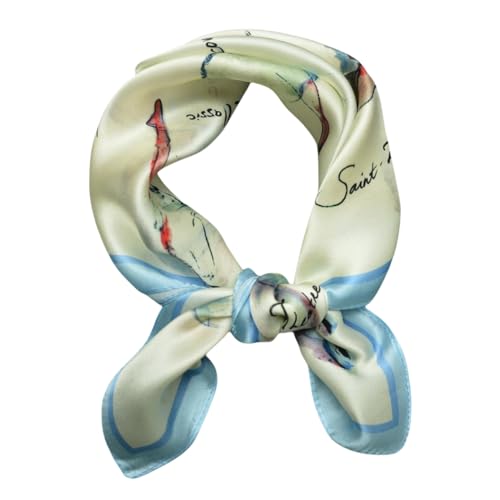 Women 100% Mulberry Silk Neck Scarf 21" Square Floral Neckerchief - color: Beige White