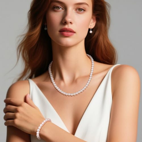Pearl Bride Wedding Jewelry Set Faux Pearls Crystal Rhinestone Necklace Earrings Bracelet Sets for Women Bridesmaid(3 PCS) - color: Milky White - Pearl Choker