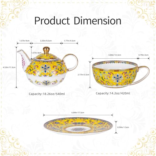KAMMAK Tea for One Set, Ceramic Teapot, Bone China Tea Set, Cup and Saucer - color: Yellow
