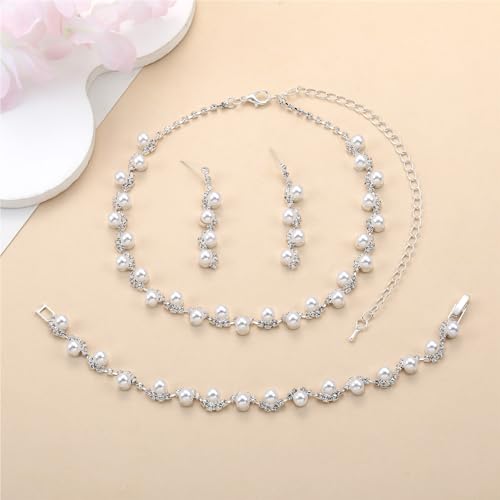 Pearl Bride Wedding Jewelry Set Faux Pearls Crystal Rhinestone Necklace Earrings Bracelet Sets for Women Bridesmaid(3 PCS) - color: Silver - 3-Piece Set
