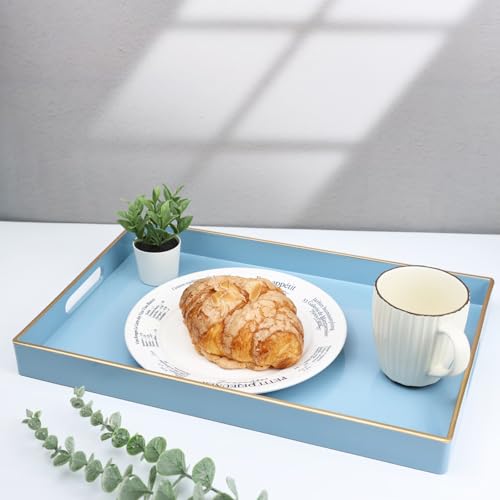 Spsyrine Blue Decorative Serving Tray with Handles, Elegant Plastic Coffee Table Tray for Ottoman, Living Room, Home Decor 15.6" X 10.2" Light Blue - color: Pure Blue