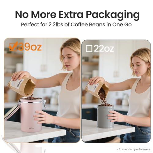 Veken Coffee Canister,39OZ, 2.2lbs,Large Airtight Stainless Steel Container - color: Pink, size: 39 oz