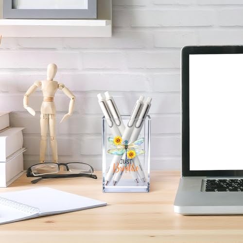 Just Breathe Acrylic Cosmetic Pencil Pen Holder Cup, Inspirational Dragonfly Desk Organizer Accessories for Home Office Decor, Motivational Encouragement Gifts for Women Girl Coworker Teacher - style: Breathe D