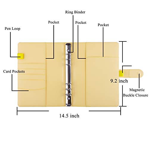 Antner A5 Notebook Binder 6 Ring Refillable Budget Planner Cover for Cash Organizer, PU Leather Aesthetic Photocard Holder Loose Leaf Small Binder with Magnetic Buckle for A5 Planner Inserts, Yellow - color: Yellow