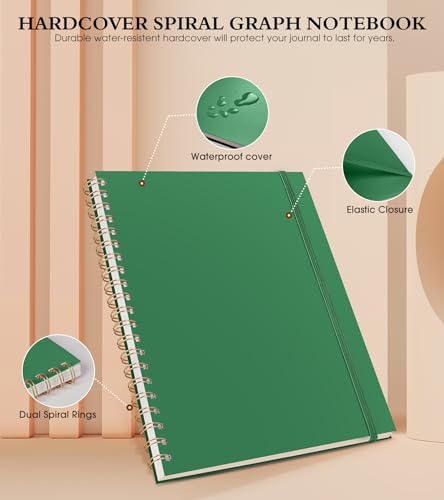 Graph Paper Notebook, Spiral Notebook Journal 8.5” x 11”, A4 Large Grid Notebooks for Women Men, 100 GSM Graph Paper, Plastic Hardcover Spiral Graphing Journals for Work School Engineerin, Green - color: Green, size: Graph