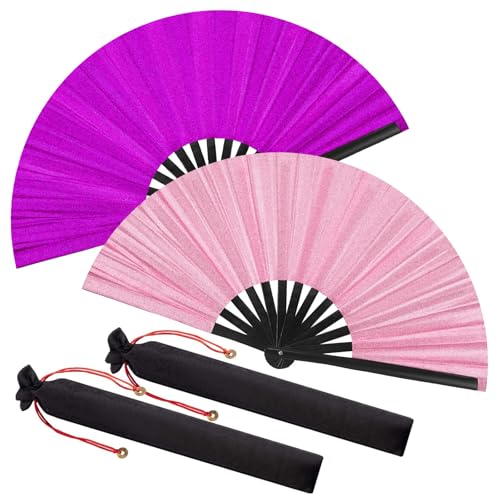 Maitys 2 Packs Large Folding Hand Fans 13'' Chinese Handheld Fan Large Clap Fans for Line Dancing, Tai Chi, Festival, Kung Fu, Martial Art, Gift, Includes 2 Pouch (Glitter Purple and Pink) - color: Glitter Purple and Pink