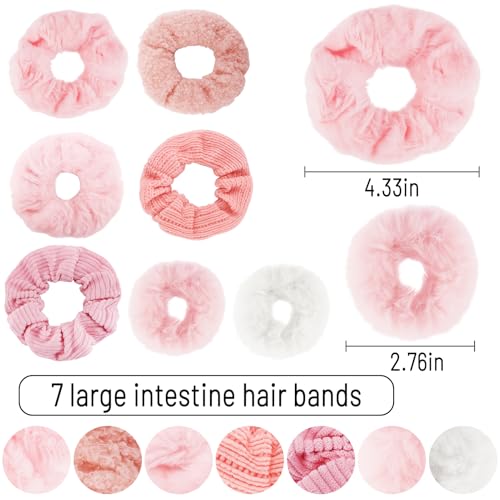 Scrunchies for Women's Hair 7Pcs Large Pink Knit Fuzzy Scrunchies for Long Thick Curly Hair Ultra Textured Soft Hair Bands Neutral Scrunchie Cute Ponytail Holders No Damage Elastic Hair Ties - color: C-Pink2, 7Pcs