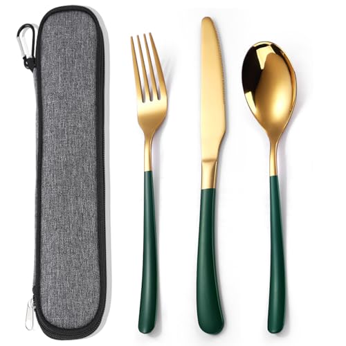 MURRI&MURRDI Travel Stainless Steel Cutlery Set for 1, Reusable Flatware Set with Case, Camping Silverware Set for Work, Knife Fork Spoon Utensil Set 3 Piece (Green Gold) - color: B- 3 Green Gold