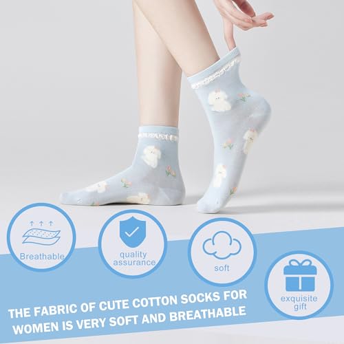 Cute Thin Crew Socks for Women Viscose Bamboo Cotton Girls Ankle Pattern Stripe Novelty Preppy Sock 5 Pairs - color: Puppy/Blue