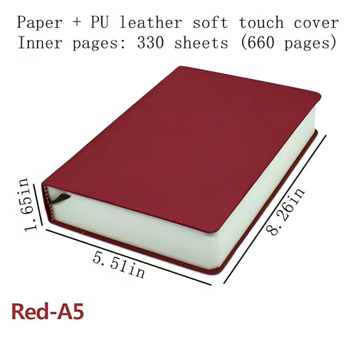 jooact Thick Sketchbook 660 Pages Notebook Soft Faux Leather Cover Journal 80GSM Paper Notepad Drawing Book Memo Writing Sketch Pad Diary Notebook - color: Red, size: A5