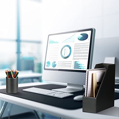 Ayunga PU Leather 6-piece Office Supplies Combination Set,Pencil Cup,Business Card Holder,Sticky Note Dispenser,Mail Sorter,Letter Tray,Files Holder,Suitable for Self-use and Friend Gifts(Black) - color: Black