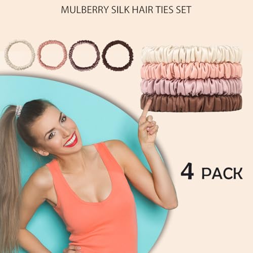 100% Mulberry Silk Hair Ties 4PCS, Silk Scrunchies for Women - color: 4Pcs(Beige*1+Brown*1+Cameo Brown*1+Coral*1)