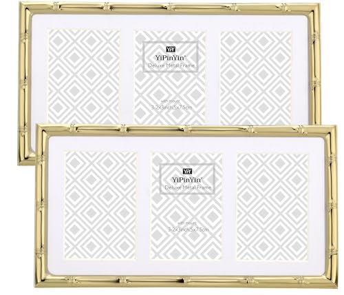 YiPinYin Gold 3-2x3'' Multi Bamboo Detail Designs Metal Picture Frame 3 Section Frame 2pack,Baby Nurse frames With Soft Touch Velvet Backing for Desktop and Wall Décor - color: Gold, size: 3-2x3Inch 2PK