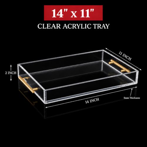 Clear Acrylic Tray 14x11” with Golden Metal Handles - Large Plastic Tray for Serving Guests, Countertop Organization, Ottoman Coffee Table & Vanity – Modern Decorative Tray for Home & Office - color: Golden Handles - Transparent, size: 14" x 11" x 2"