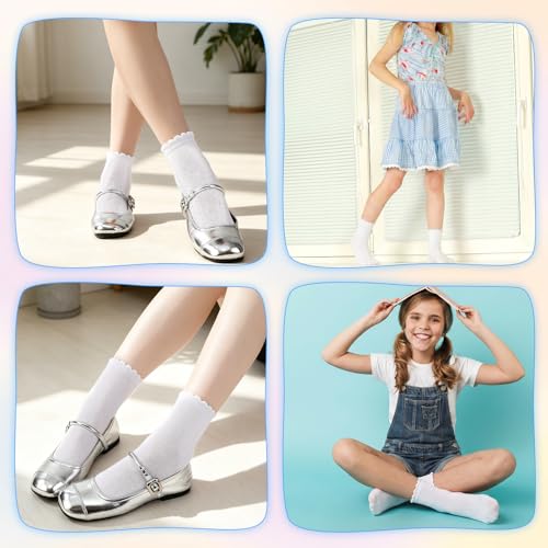 8 Pairs Girls Ruffle Crew Socks, Cute Frilly Soft Cotton Socks - color: White, size: 3-5T