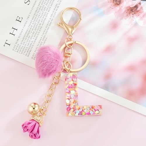 Resin Alphabet Initial Letter Keychain Keyring for Women Purse Handbags With Fur Ball Pom - color: Deep Pink Fur Ball Letter L