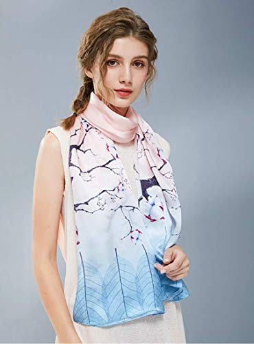 ANDANTINO 100% Silk Long Scarf-Women Large Oblong Shawls with Gift Packed - color: Blue&pink Branches