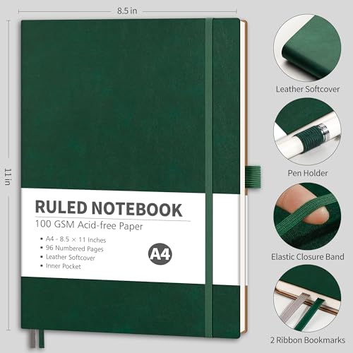 RETTACY Lined Journal Notebook, 96 Numbered Pages, A4 Size (8.5'' x 11'') - color: Dark Green, style: Lined