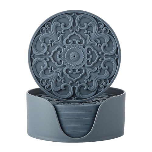 Colinda Silicone Coasters - Set of 6 with Holder, Non-Slip Cup Mats for Hot and Cold Drinks, Decorative Designs, Gift Ready Packaging, Warm Grey - color: Warm Grey