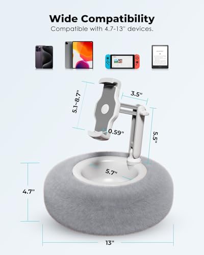 Viozon Tablet Stand Pillow, Compatible with 4.7"-13" Phone/Tablet, iPad, iPhone, Samsung, Google, Kindle, 360°Adjustable Phone Holder for Bed with Soft Plush Fabric, and Detachable Bowl, Grey - color: Grey