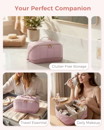 Makeup Bag for Women, Open Flat Puffy Organizer with Wipe-Clean PVC Lining - color: Pink