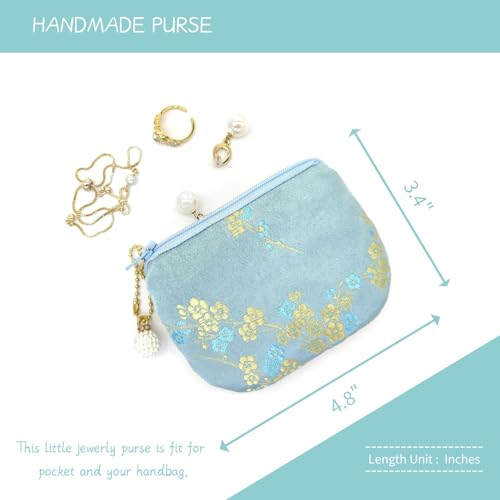 Handmade Women Coin Purse Brocade Rosary Bag Silk Jewelry Pouch Zipper Wallet - Turquoise - color: Turquoise