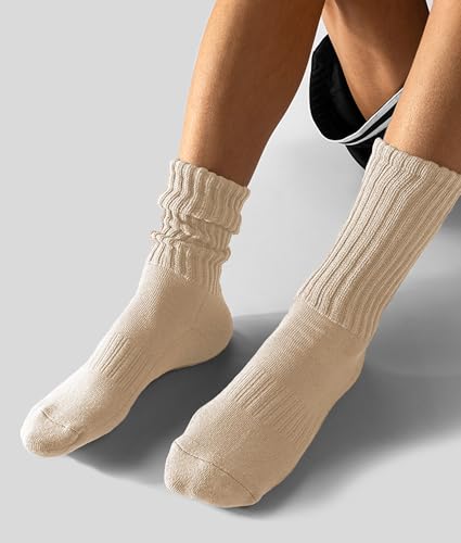 AugRing Women's Scrunch Crew Socks Retro 3-Pack Solid Cotton Boot Calf Chunky Ribbed Cozy Slouchy Socks Size 5-11 - color: 3 Pack Beige