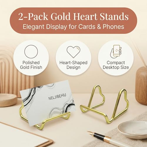 2 Pcs Cute Gold Metal Heart Business Card Holder for Desk - color: gold