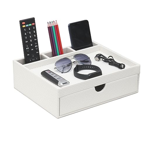Leather Desk Organizer With Drawers, Home Cosmetics & Phone Remote Organizer, Drawer Plus Divider & Tray (white) - color: white