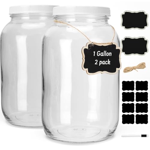 Cyclemore 2 Pack 1 Gallon Clear Glass Jar with Airtight Leakproof Plastic Lid, BPA-Free Dishwasher Safe Wide Mouth Jar for Fermenting, Kombucha, Kefir, Canning, Sun Tea and Food Storage