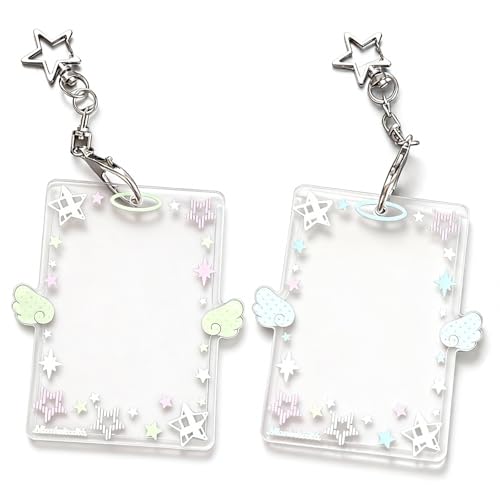 2 Pieces Star Wing-Shaped Photocard Holder Keychain - Clear Acrylic Protective Sleeve for ID, Bus, Student Card (Blue,Green)