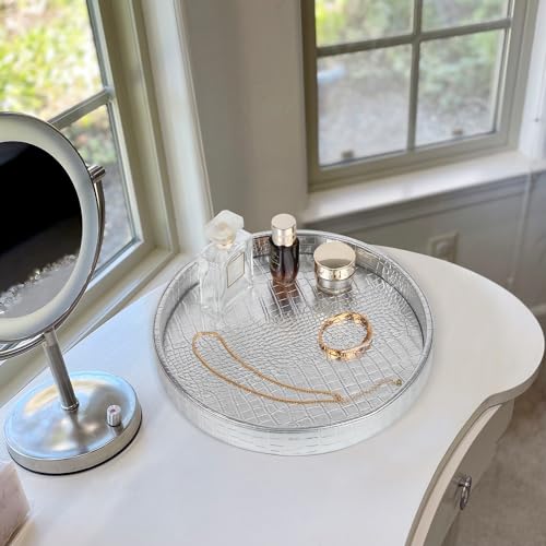 HofferRuffer Faux Leather Round Serving Tray, Vegan Croco Leather Decorative Tray, Food Tray for Storage Drinks, Snack & Cosmetics, Dia.12'' x 1.6'' (Silver) - color: Silver, size: 12"