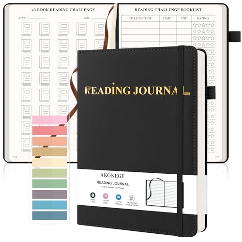AKONEGE Reading Journal for Book Tracking - PU Leather Book Journal Reading Log with 80 Reviews for Readers, Accessories with Sticky Tabs, Pen Holder, Ribbon Bookmarks, 5.6" x 8.3", Black - color: Black