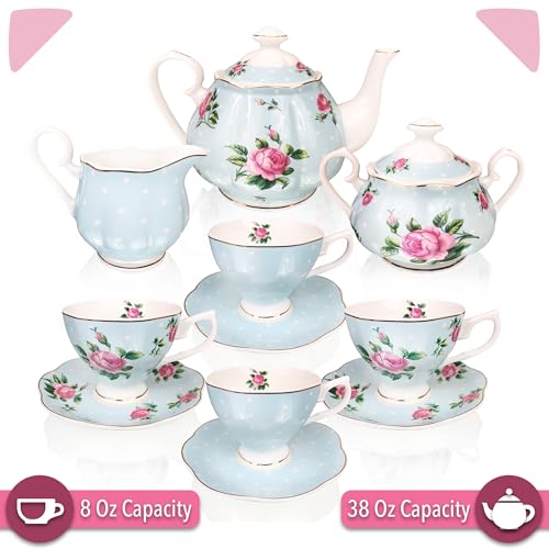 BTaT- Floral Tea Sets for Adults, 13 pcs, Service for 4, Pot (38 oz) & Cups (8 oz) with Saucers, Pastel Blue Floral Design, Porcelain Tea Set for Adult, Dishwasher Safe - color: Blue