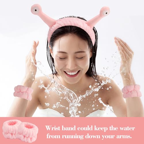 SuPoo 9 Pcs Skincare Headbands Snail Spa Headband and Wristband Set Alien Pink Face Wash Wristbands Cute Makeup Hair Band for Washing Face Wrap Head Towel Wrist Towels for Shower - color: Green blue pink