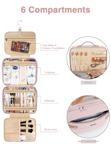 COOSKY Women's Hanging Toiletry Bag, Waterproof Travel Cosmetic Organizer with Jewelry Storage, Large Capacity Makeup Case for Full-Size Skincare & Bathroom Essentials, Portable Cosmetic kit, Pink - color: Pink