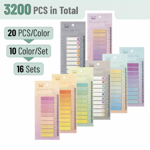 Mr. Pen- Colorful Sticky Tabs, 16 Sets, 3200 pcs, Translucent Page Markers - color: Pastel, size: 3200 Pcs