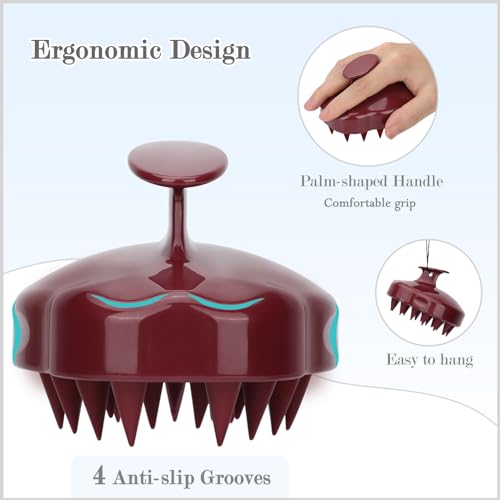 FREATECH Massager Shampoo Brush with Soft Silicone Bristles for Scalp Care, Shower Hair Scalp Scrubber Exfoliator for Dandruff Removal and Hair Growth, Wet & Dry for Men, Women and Kids, Red - color: Red
