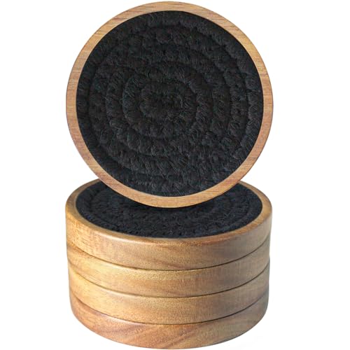 Wood Coasters for Drinks, Eykao Absorbent Coaster Sets of 5, Woven Drink Coasters for Coffee Table, Housewarming Gift for Farmhouse Home Decor,4 inches - color: Black