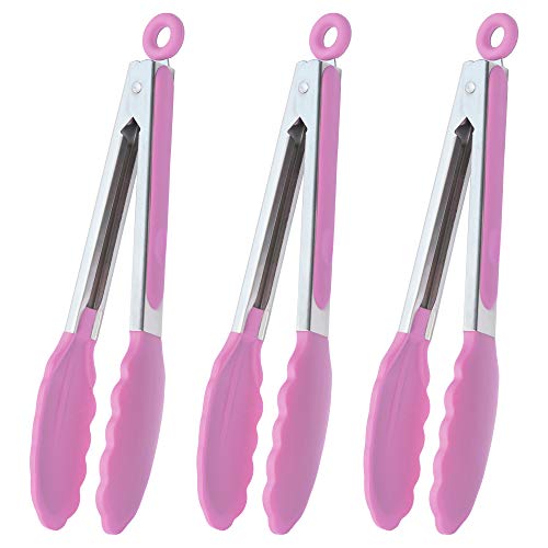 HINMAY Serving Tongs with Silicone Tips 9-Inch Food Tongs, Set of 3 (Pink) - color: Pink