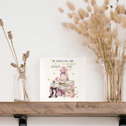 Coquette Pink and Gold Bathroom Decor, Be Who You are Inspirational Wooden Box Sign, Pink Girly Wood Signs for Girls Room Dorm Apartment Desk Table Shelf Decor, 5x5 Inch - color: B-Be Who You are